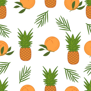 与菠萝, 橙色, 叶子无缝模式。热带水果。暑期背景