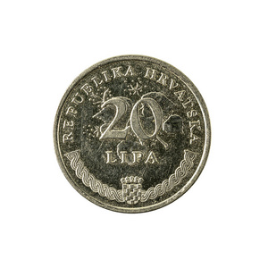 在白色的克罗地亚硬币20克罗地亚 lipa 硬币 (2003) 正面地被隔绝在