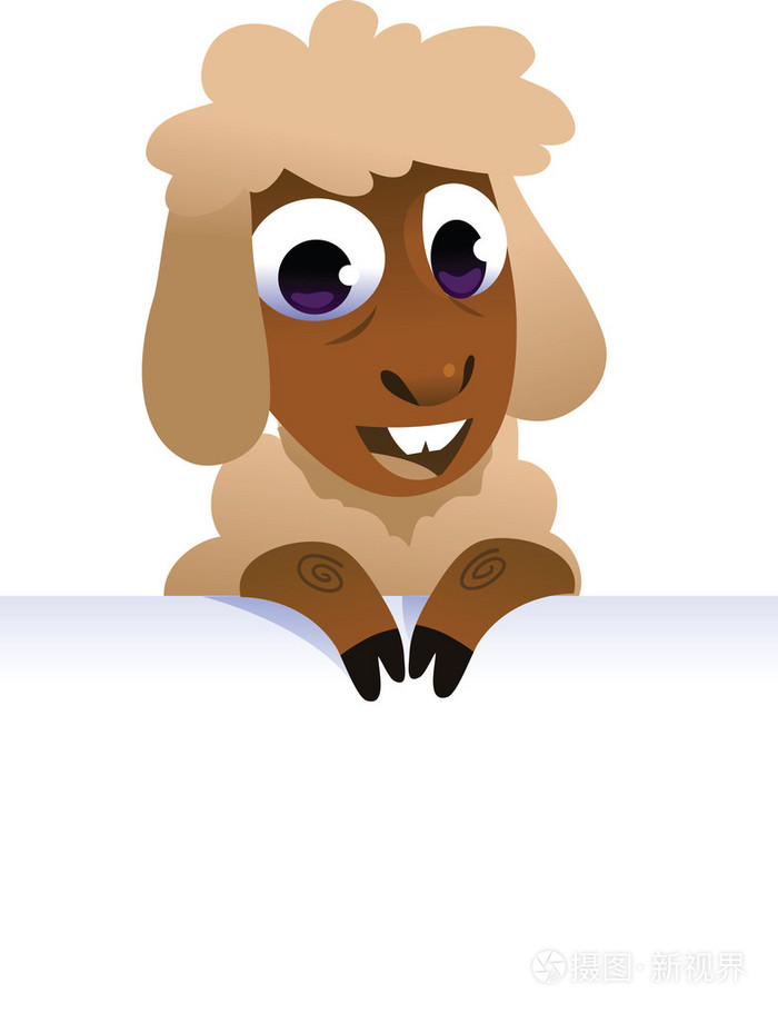 可爱的卡通绵羊,上面白色的旗帜,在白色背景上孤立