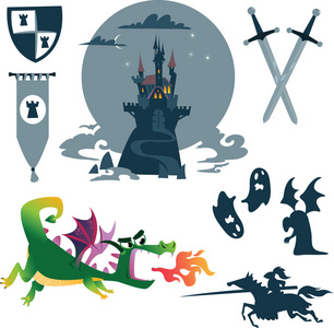 卡通童话故事的集合 城堡 龙 怪物和 w