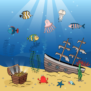 的卡通珊瑚礁与鱼 河豚 沉船的剪影海底沉船沉船船长珊瑚礁与鲨鱼和沉