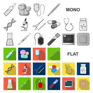 药物和治疗平面图标集合中的设计。药品和设备矢量符号库存 web 插图