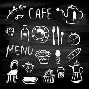 黑板上的咖啡馆菜单和食物图标。 草图设计