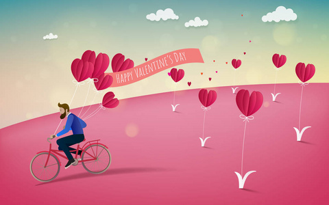 骑自行车和手持红心气球的人。爱情理念