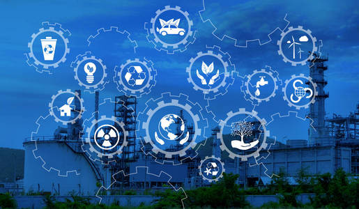 聪明的产业4.0 在早晨时间.工业与蓝天.工业图标模式照片