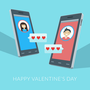 智能手机与爱情短信，男孩和女孩图标在屏幕上