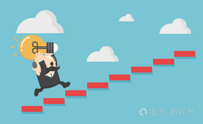 拿着灯泡的商人跑了楼梯成功概念与爬梯子到抽象照亮插画-正版商用