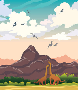 恐龙, 山和史前植物在蓝色多云的天空背景。载体自然风景与灭绝的动物翼龙和二倍体