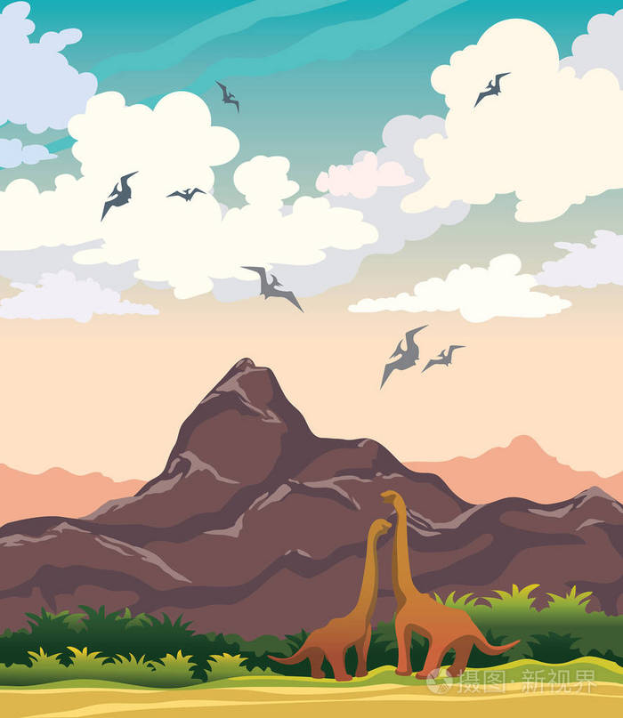 插画 恐龙, 山和史前植物在蓝色多云的天空背景.