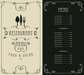 带有价目表的餐厅的模板向量菜单, 餐具在框架与卷发在巴洛克风格