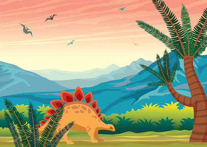黑龙和青龙。史前景观与恐龙的轮廓, 蓝色的山脉和日落的天空。被灭绝的动物的向量自然例证