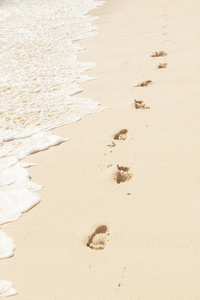 水岸边沙滩沙上人脚的印记