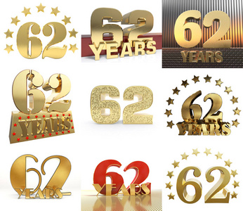 集六十二年 62 年 庆典设计。周年纪念金数模板元素为您的生日聚会。3d 插图