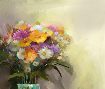 与静物一束花的花瓶。油画
