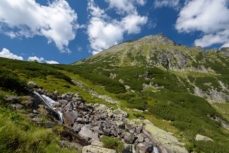 夏季 Tatra Siklawa 瀑布的徒步旅行者