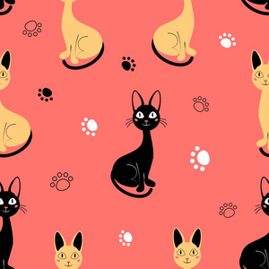 无缝模式与可爱的卡通猫粉红色, 背景与动物和轨道, 壁纸与有趣的猫