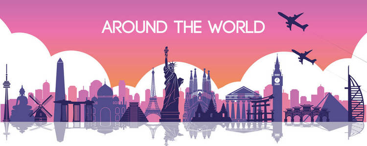 著名颜色世界著名的地标, 旅游目的地, 剪影设计, 紫色和橙色渐变颜色