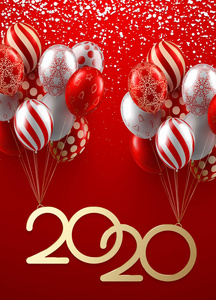 红色圣诞节和新年2020海报与闪亮的气球和 c