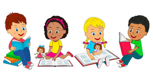孩子, 男孩和女孩坐在地板上, 读一本书, 插图, 向量