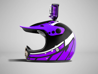 现代紫色摩托车头盔与紫色动作相机左3d 渲染灰色背景与阴影