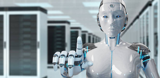 白人女子机器人指着她的手指在服务器背景3d 渲染