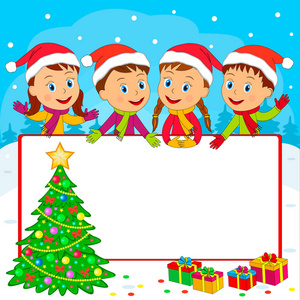 孩子冬天框架, 男孩和女孩与圣诞树和礼物在冬天
