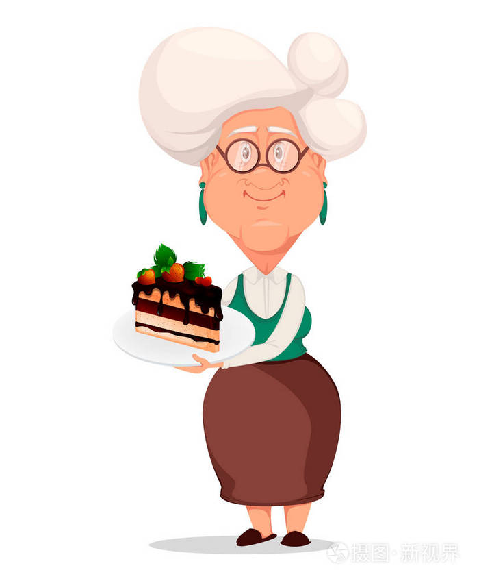 祖母戴眼镜银色头发的祖母卡通人物拿着一块甜馅饼的