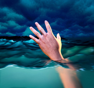 溺水的受害者, 溺水的人需要帮助的手。3d 插图