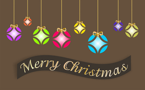 圣诞贺卡装饰的彩色球和金色的弓圣诞快乐, 棕色