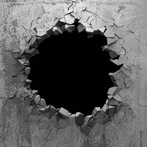 混凝土墙上有暗裂的破洞.垃圾的背景.3d 渲染插图照片