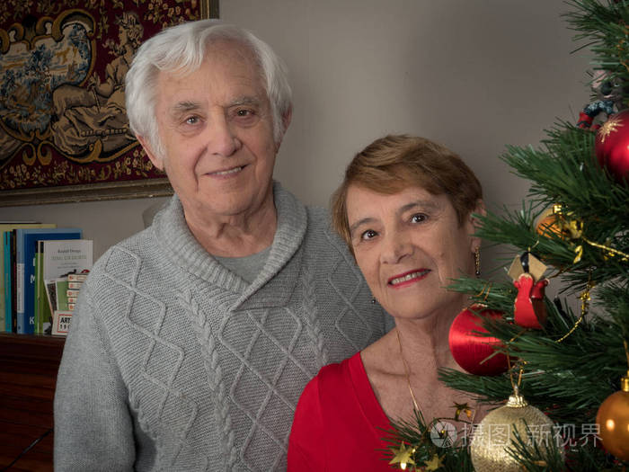 一棵圣诞树上一对幸福微笑的老夫妇的水平肖像