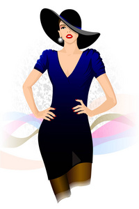 时尚插画。魅力妇女在深蓝色礼服和黑帽子