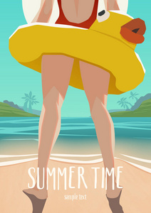 在阳光明媚的海滩上站着充气戒指的女孩的插图。海报或卡片模板。向量
