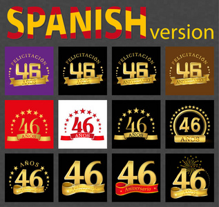 集四十六 46年 庆典设计。您的生日派对的周年黄金编号模板元素。翻译自西班牙语祝贺, 岁月, 周年