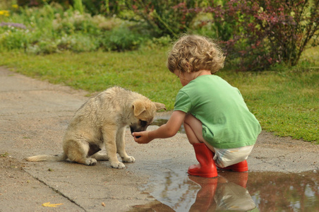男孩，孩子在红色橡胶威灵顿长靴，跟小狗。童年的纸尿裤