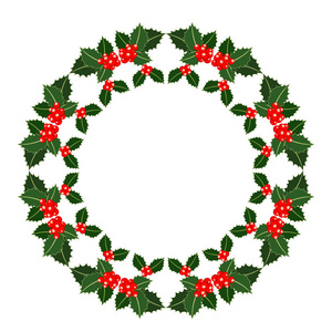 矢量圣诞圆形框架与红色浆果和绿叶。圣诞花环, 带文字的地方
