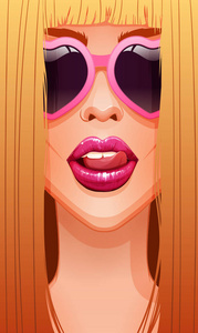 特写镜头的金发碧眼的女人的脸在眼镜舔她美丽的粉红色嘴唇。矢量插图