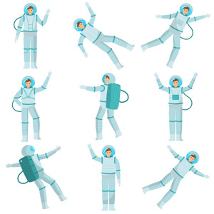 一群男女宇航员在零重力和征服其他行星中跳舞。绘图插图