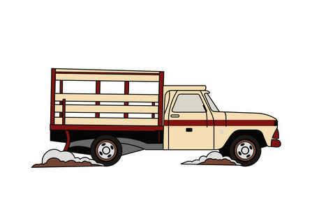 老老式汽车与红色条在路旅途矢量例证徽章卡通