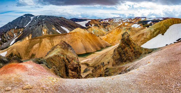 美丽多彩的火山山 Landmannalaugar 在冰岛, 夏季时间, 全景