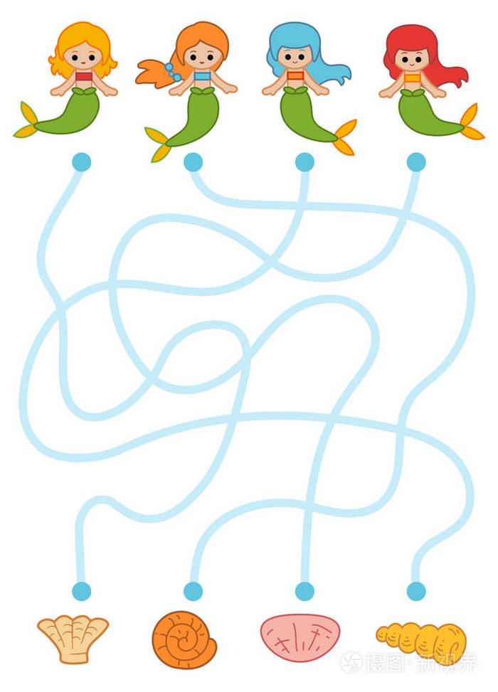 儿童迷宫游戏, 教育工作表.美人鱼和贝壳