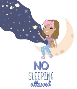 睡衣党海报与有趣的女孩在月球上。睡眠派对邀请函。可编辑的矢量插图