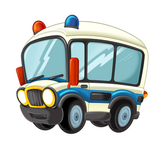 卡通场景与快乐的救护车卡车在白色背景儿童插画