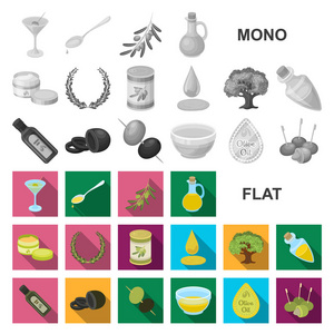 橄榄, 食物平面图标集合中的设计。橄榄油, 调味矢量符号股票网页插图