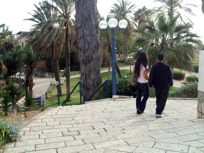 亚洲夫妻散步手牵手在公园里，Yaffo 市以色列