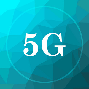 5g 图标。5g. 蓝色低聚背景下的网站按钮