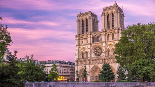 前景色照亮巴黎圣母院巴黎大教堂日晚过渡 timelapse 日落后。从红衣主教 Lustiger 桥的看法。背景多彩的天空。巴黎
