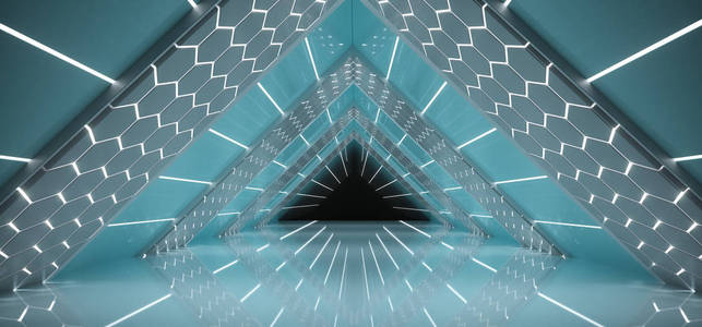 未来的科幻内部船空三角形形状的多点照明走廊与反射面和白色 led