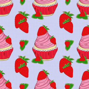 蛋糕。草莓。背景, 墙纸, 无缝。素描。可用于包装布料。旗帜