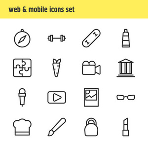 插图16爱好图标线风格。可编辑的麦克风罗盘电影和其他图标元素集
